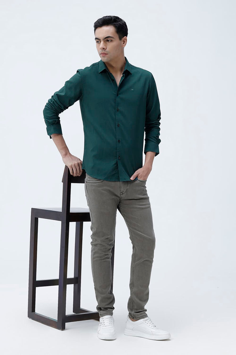 BASICS SLIM FIT BLACK VISCOSE POLYESTER STRETCH DOBBY STRIPE SHIRT