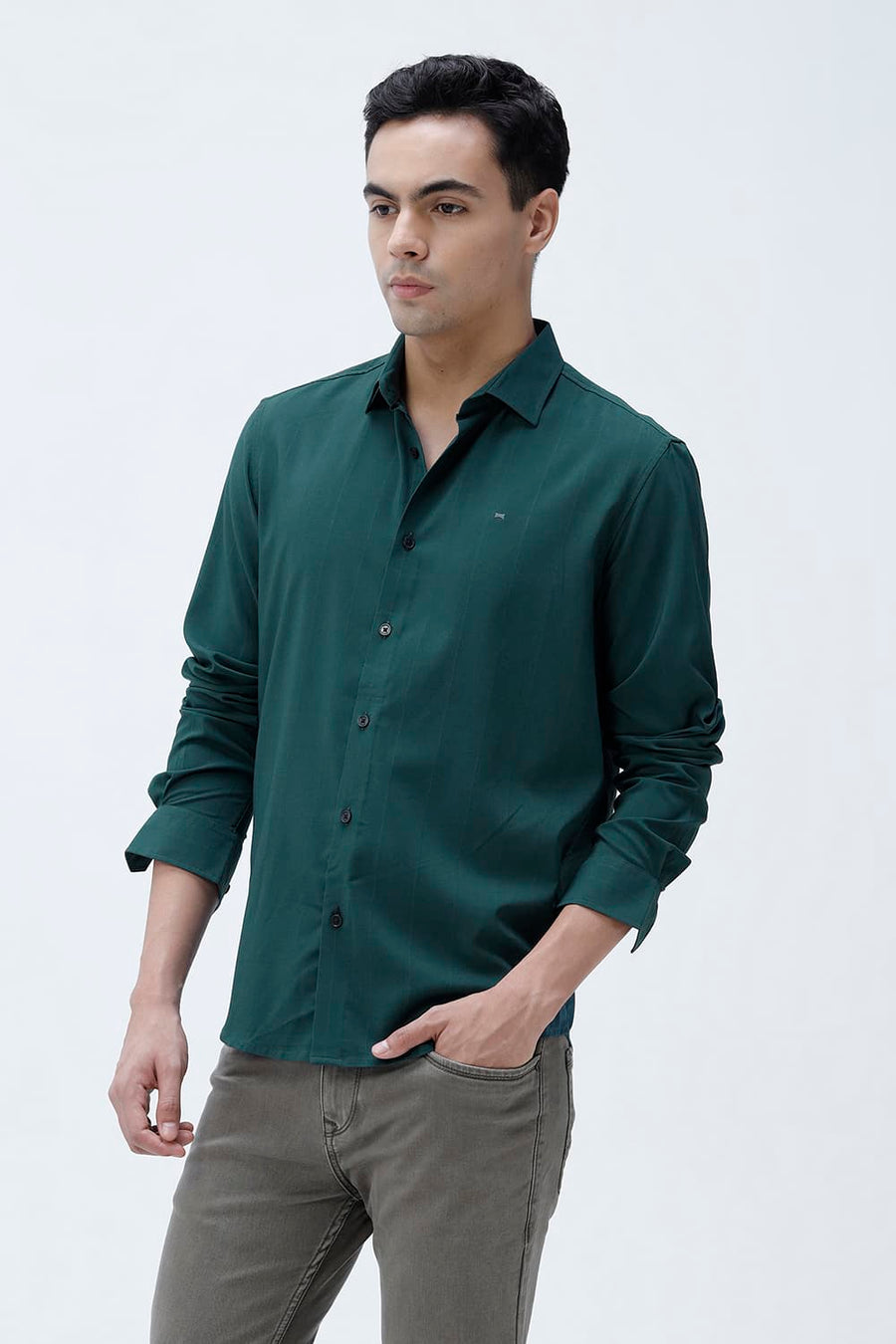 BASICS SLIM FIT BLACK VISCOSE POLYESTER STRETCH DOBBY STRIPE SHIRT