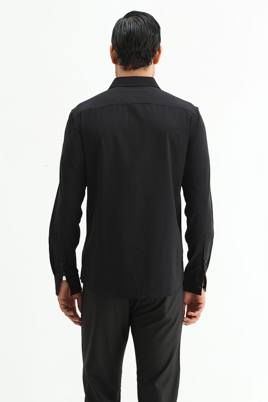 BASICS SLIM FIT LIGHT BLUE VISCOSE POLYESTER STRETCH DOBBY STRIPE SHIRT