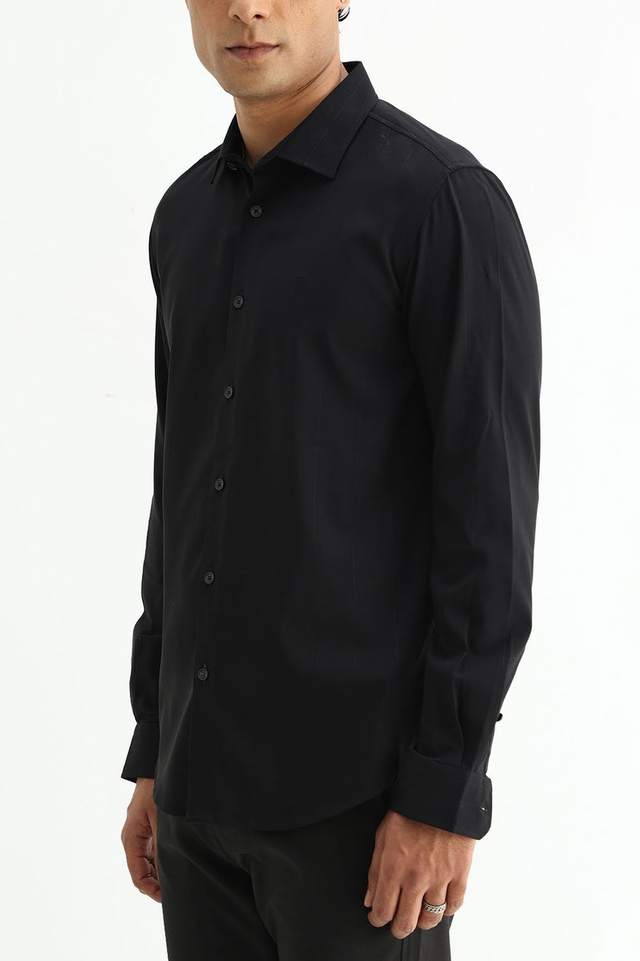 BASICS SLIM FIT LIGHT BLUE VISCOSE POLYESTER STRETCH DOBBY STRIPE SHIRT