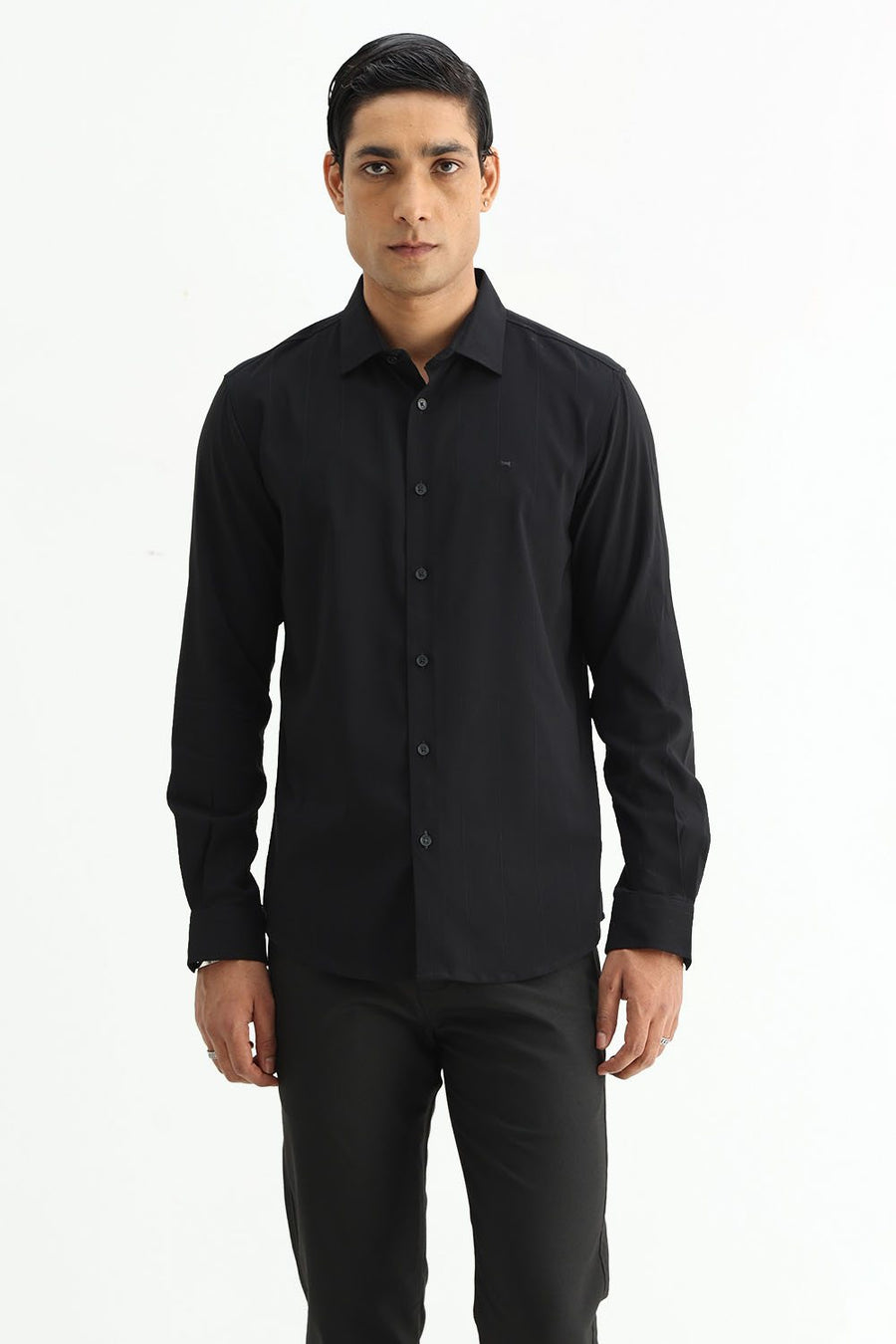 BASICS SLIM FIT LIGHT BLUE VISCOSE POLYESTER STRETCH DOBBY STRIPE SHIRT
