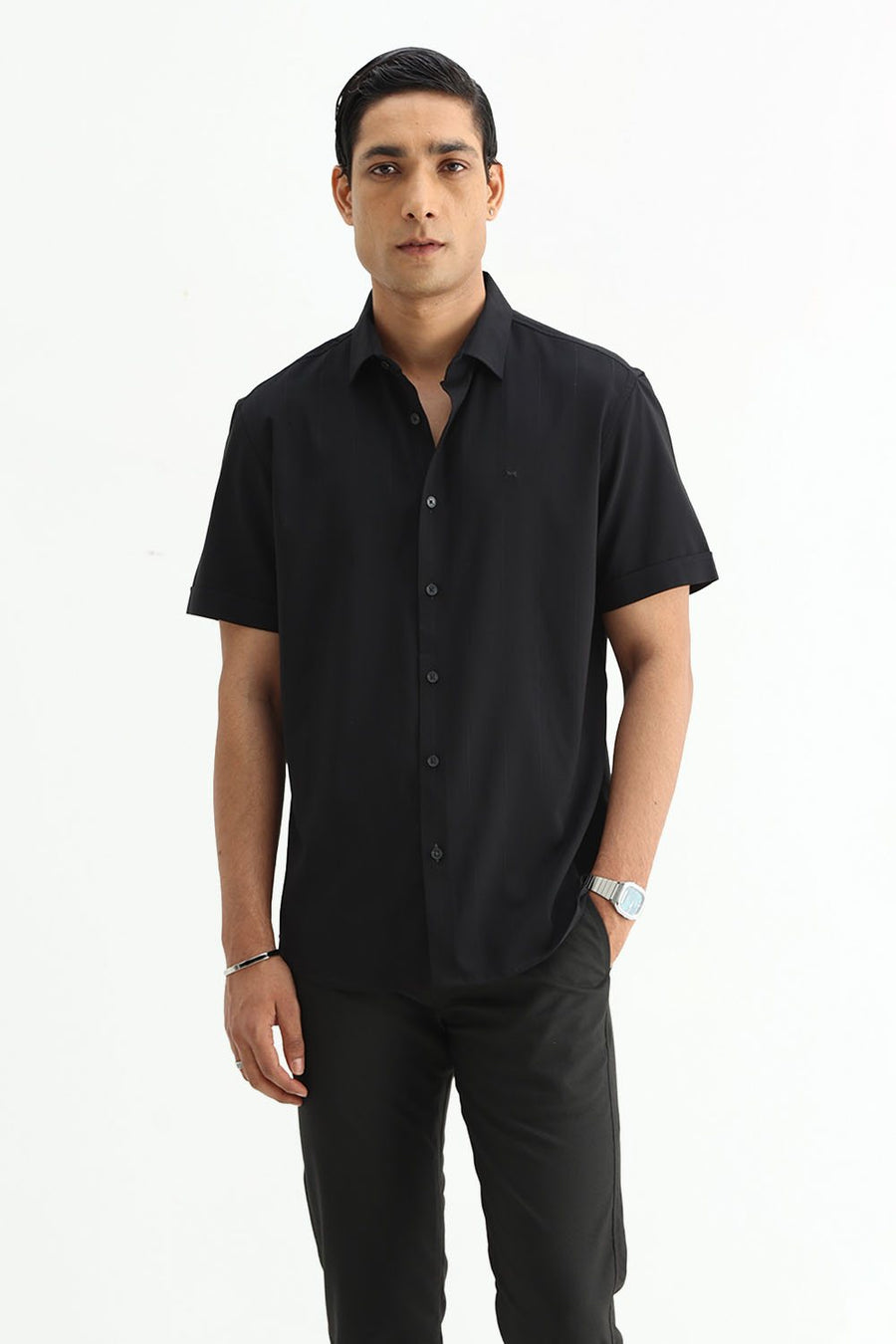 BASICS SLIM FIT LIGHT BLUE VISCOSE POLYESTER STRETCH DOBBY STRIPE HALFSLEEVES SHIRT