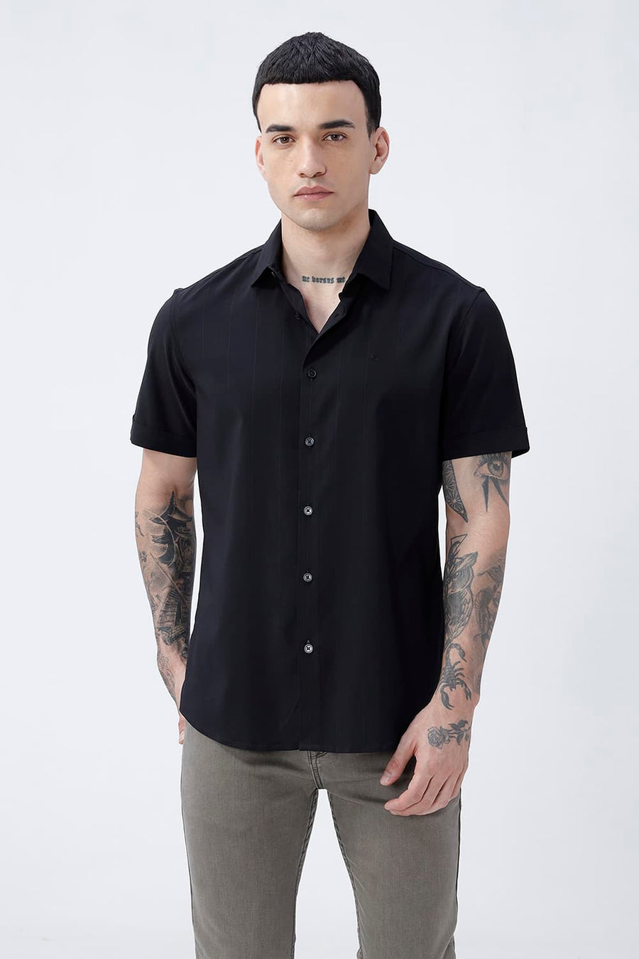 BASICS SLIM FIT LIGHT BLUE VISCOSE POLYESTER STRETCH DOBBY STRIPE HALFSLEEVES SHIRT