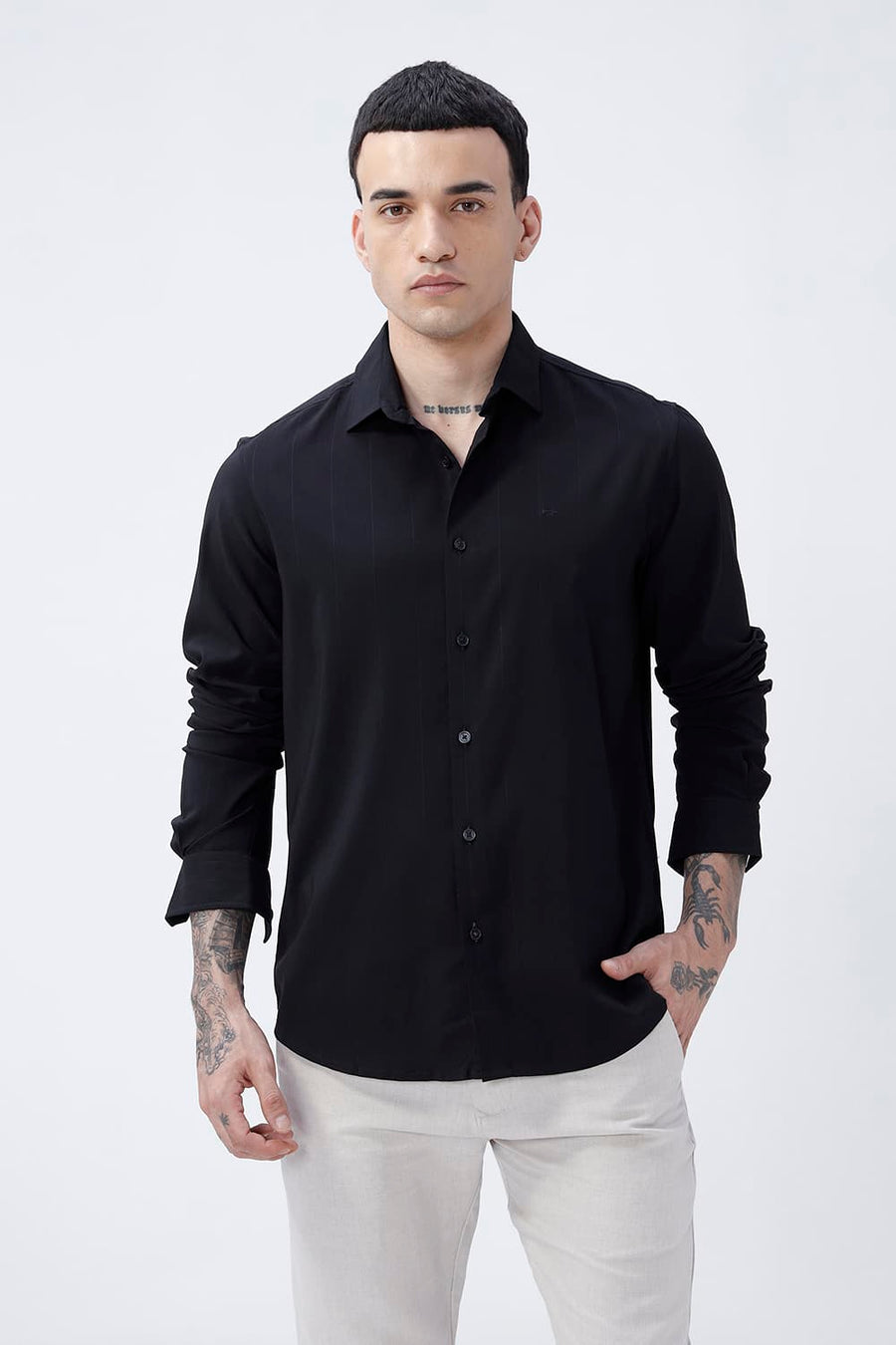 BASICS SLIM FIT LIGHT BLUE VISCOSE POLYESTER STRETCH DOBBY STRIPE SHIRT