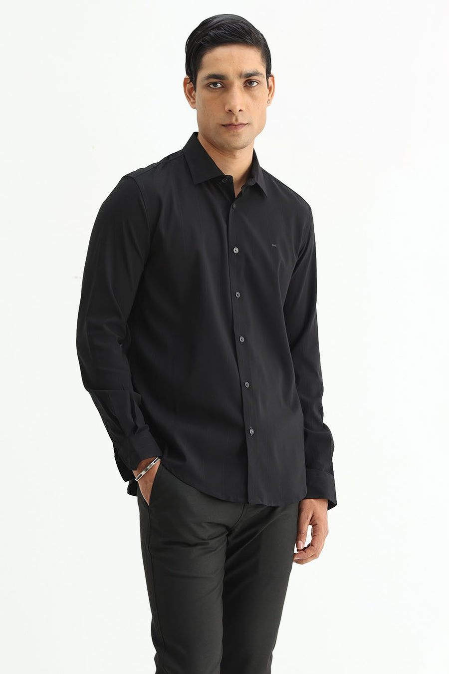 BASICS SLIM FIT LIGHT BLUE VISCOSE POLYESTER STRETCH DOBBY STRIPE SHIRT