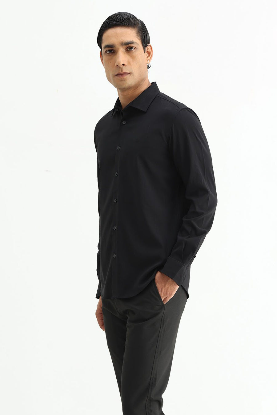 BASICS SLIM FIT LIGHT BLUE VISCOSE POLYESTER STRETCH DOBBY STRIPE SHIRT