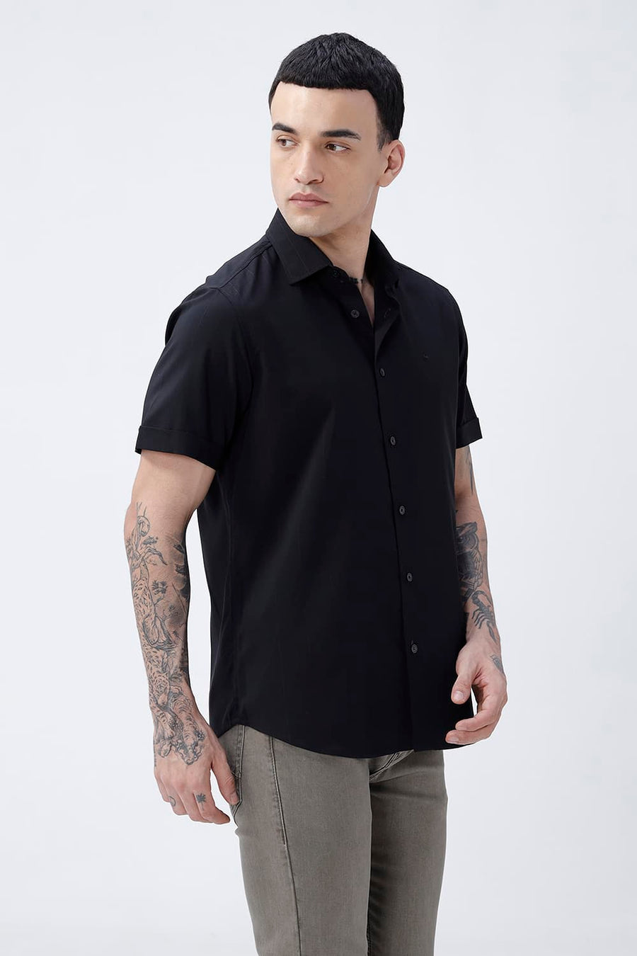 BASICS SLIM FIT LIGHT BLUE VISCOSE POLYESTER STRETCH DOBBY STRIPE HALFSLEEVES SHIRT