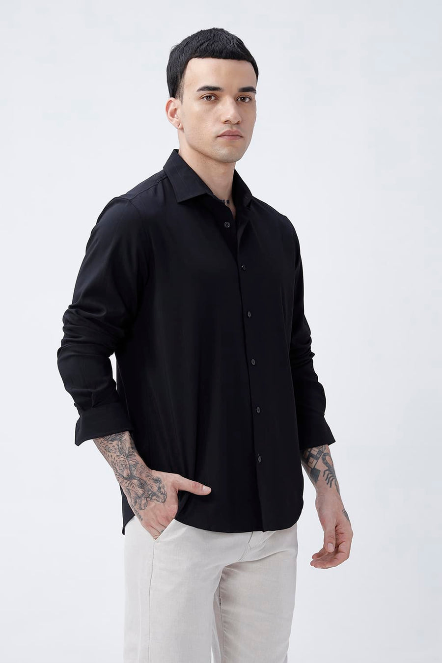 BASICS SLIM FIT LIGHT BLUE VISCOSE POLYESTER STRETCH DOBBY STRIPE SHIRT