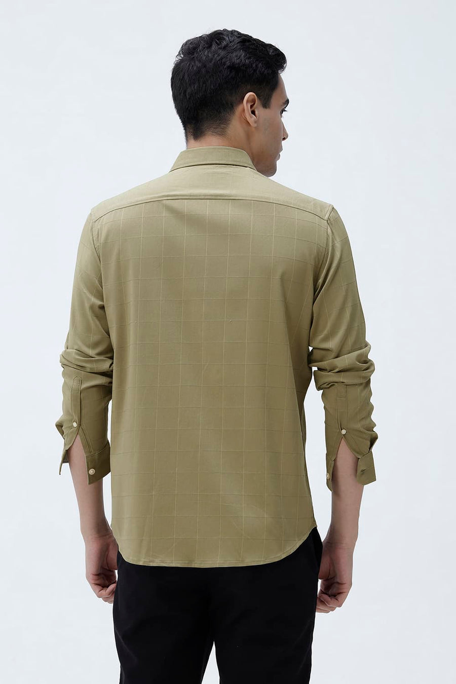 BASICS SLIM FIT LIGHT GREY VISCOSE POLYESTER STRETCH SELF CHECKS SHIRT