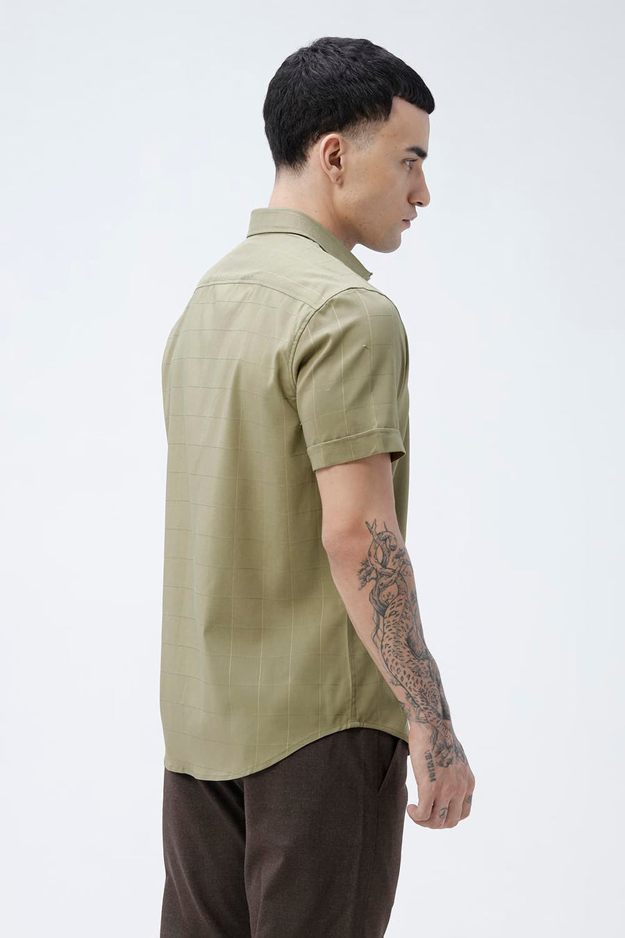 BASICS SLIM FIT LIGHT GREY VISCOSE POLYESTER STRETCH SELF CHECKS HALFSLEEVES SHIRT