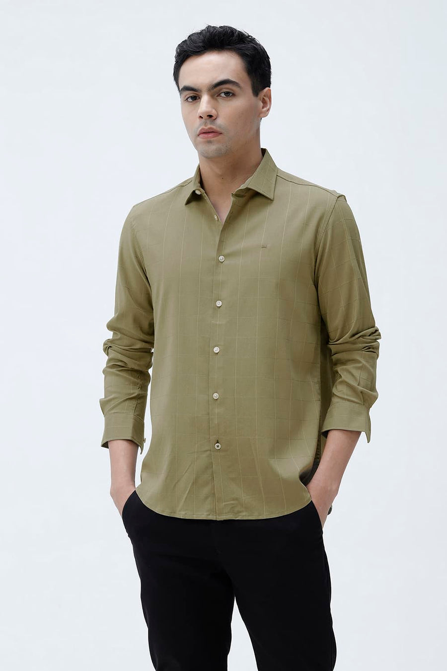 BASICS SLIM FIT LIGHT GREY VISCOSE POLYESTER STRETCH SELF CHECKS SHIRT