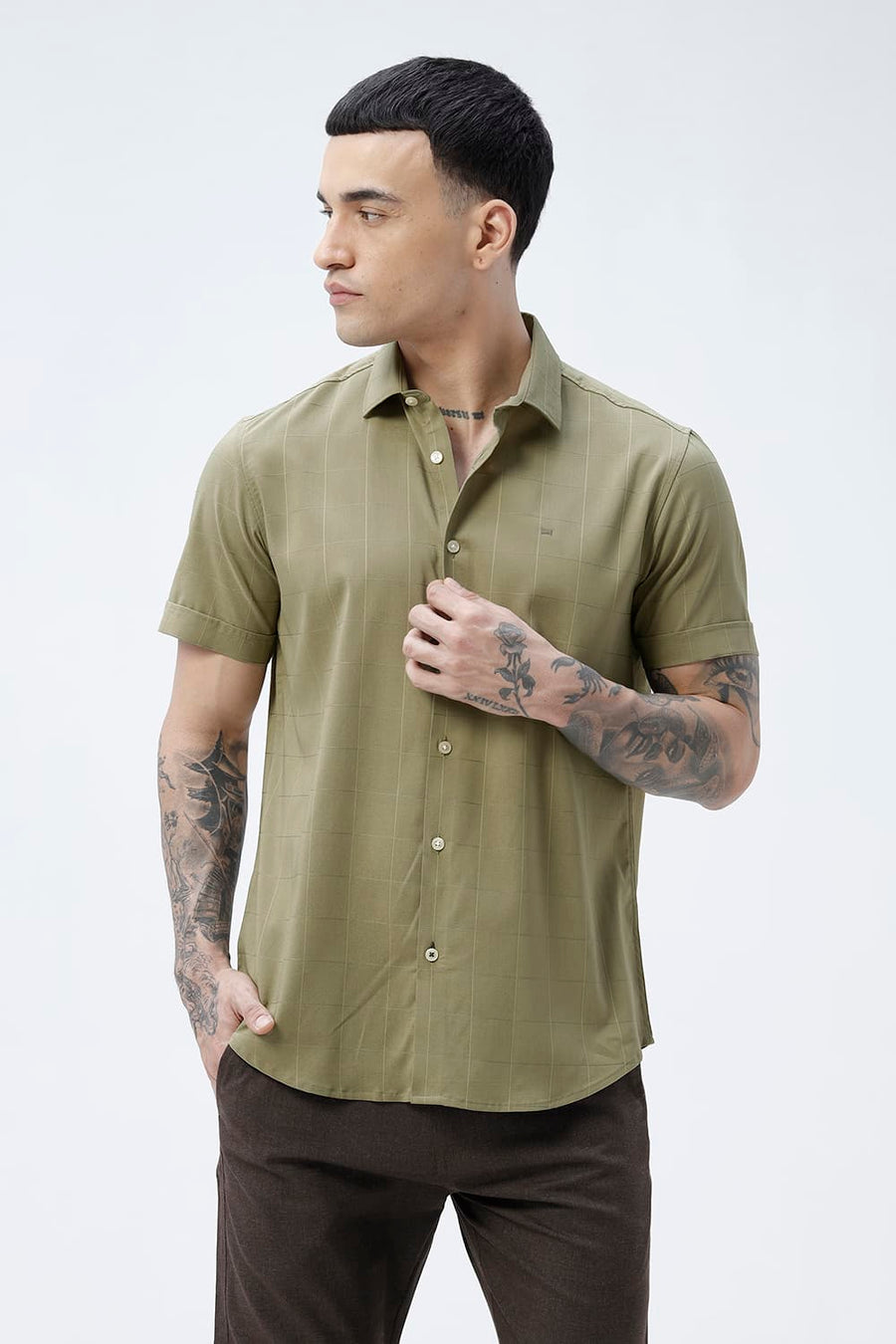 BASICS SLIM FIT LIGHT GREY VISCOSE POLYESTER STRETCH SELF CHECKS HALFSLEEVES SHIRT