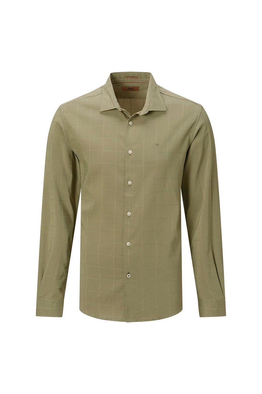 BASICS SLIM FIT LIGHT GREY VISCOSE POLYESTER STRETCH SELF CHECKS SHIRT