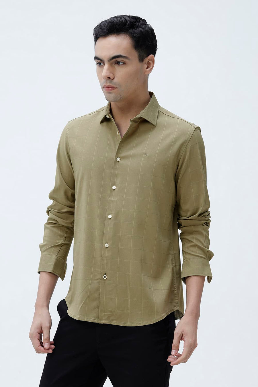 BASICS SLIM FIT LIGHT GREY VISCOSE POLYESTER STRETCH SELF CHECKS SHIRT