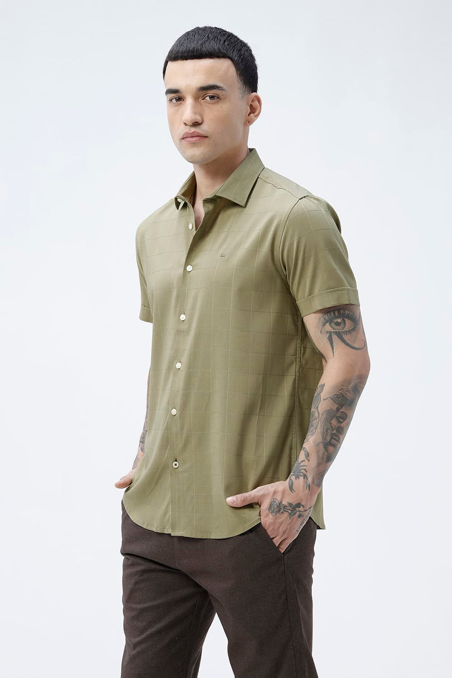 BASICS SLIM FIT LIGHT GREY VISCOSE POLYESTER STRETCH SELF CHECKS HALFSLEEVES SHIRT