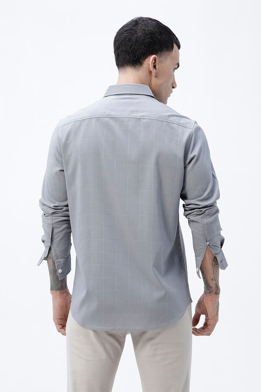 BASICS SLIM FIT BEIGE VISCOSE POLYESTER STRETCH SELF CHECKS SHIRT