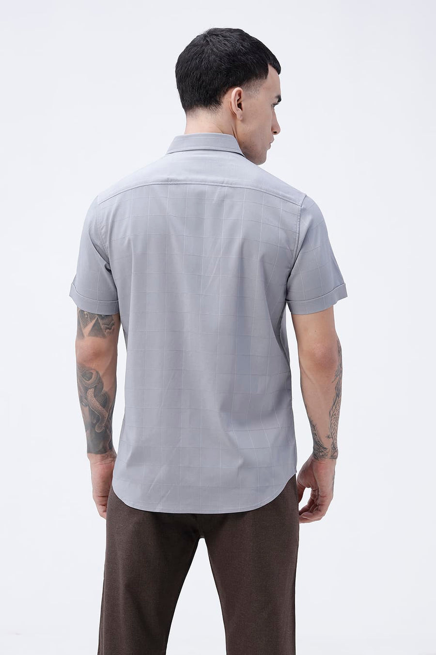 BASICS SLIM FIT BEIGE VISCOSE POLYESTER STRETCH SELF CHECKS HALFSLEEVES SHIRT