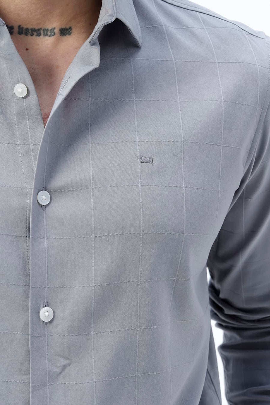 BASICS SLIM FIT BEIGE VISCOSE POLYESTER STRETCH SELF CHECKS SHIRT