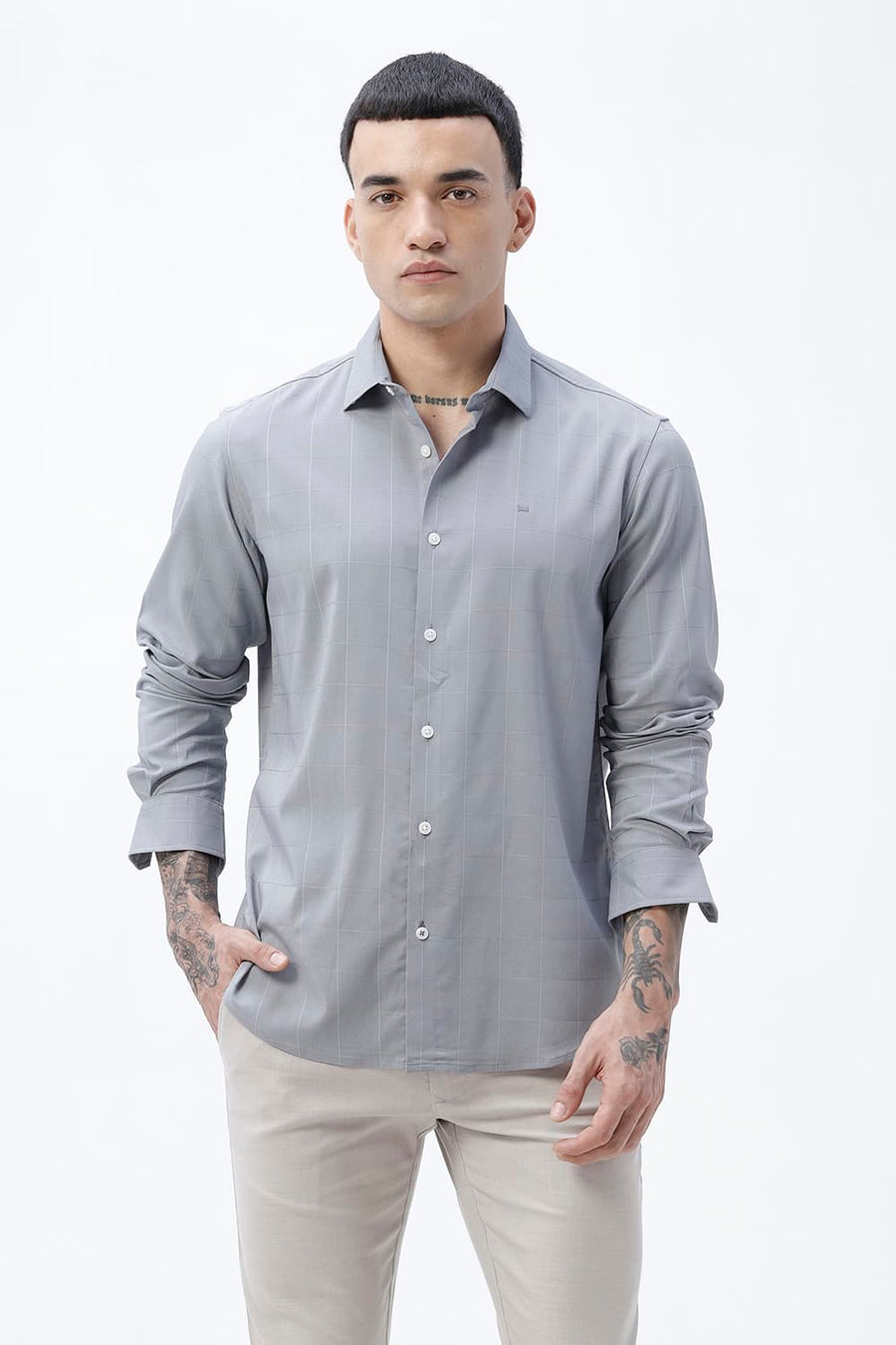 BASICS SLIM FIT BEIGE VISCOSE POLYESTER STRETCH SELF CHECKS SHIRT