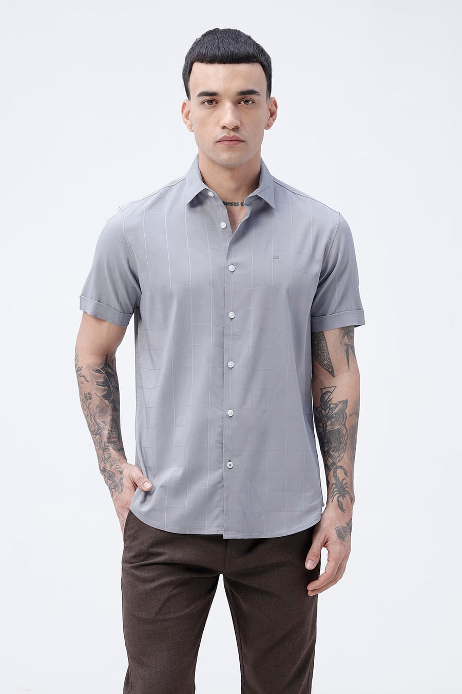 BASICS SLIM FIT BEIGE VISCOSE POLYESTER STRETCH SELF CHECKS HALFSLEEVES SHIRT