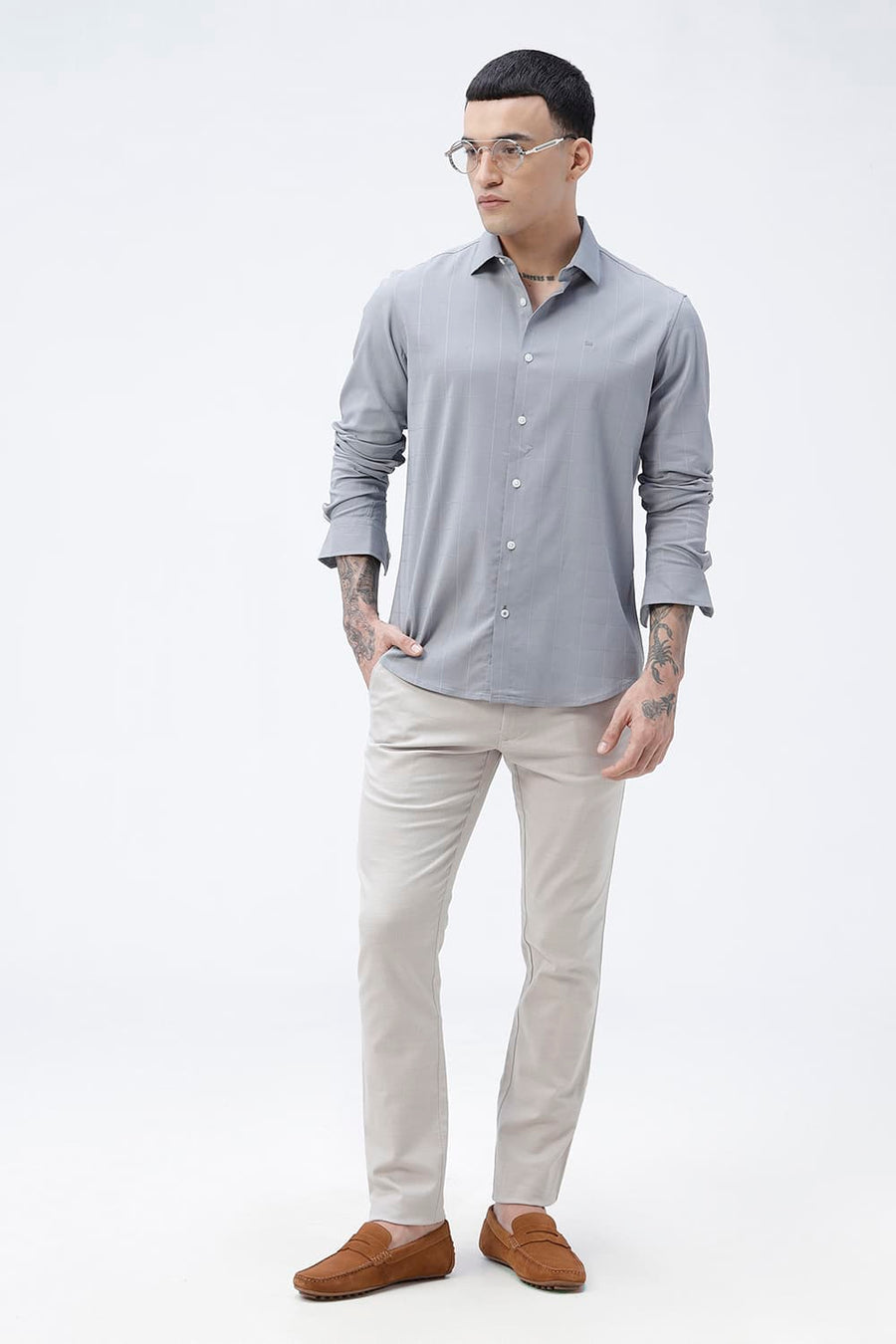 BASICS SLIM FIT BEIGE VISCOSE POLYESTER STRETCH SELF CHECKS SHIRT