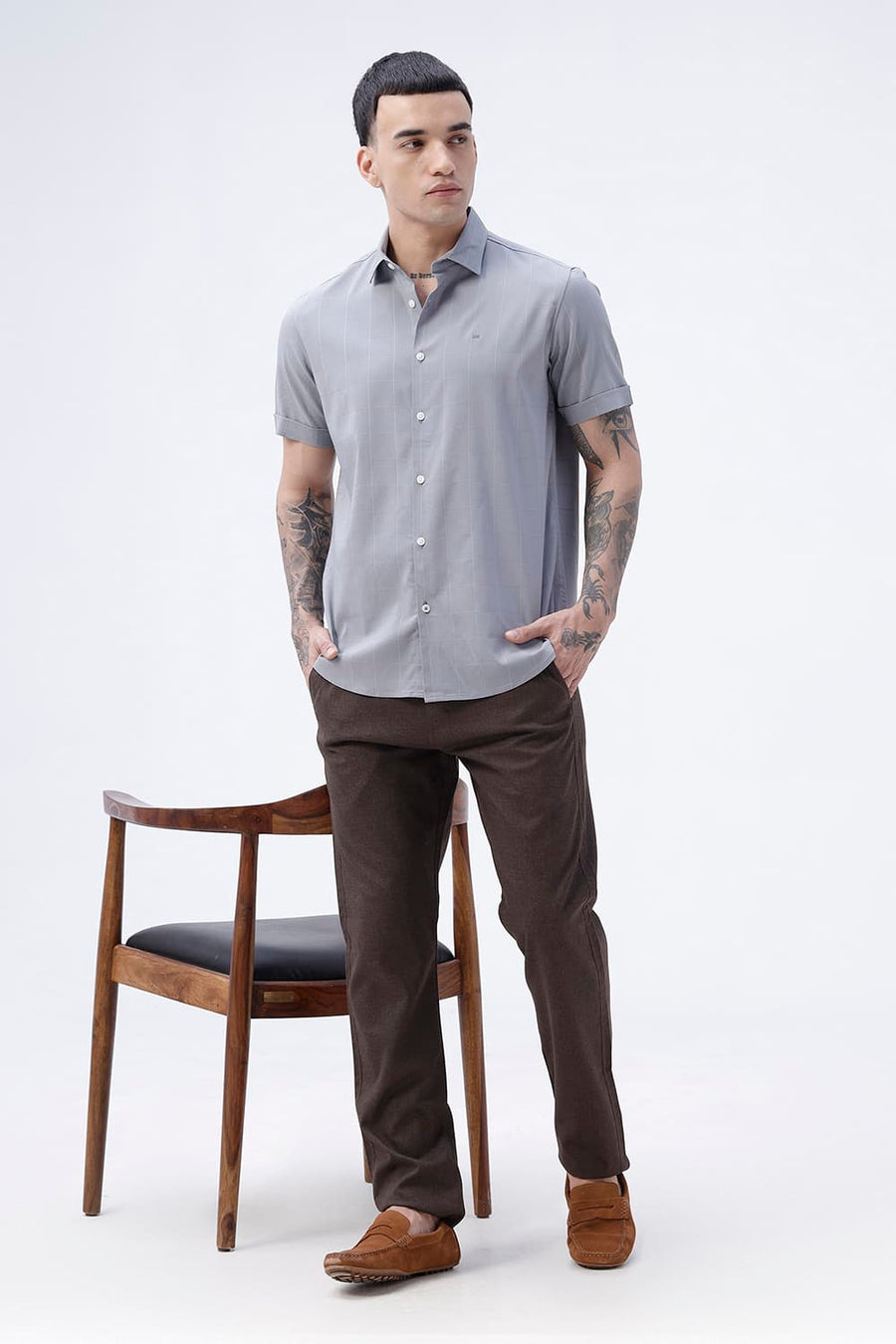 BASICS SLIM FIT BEIGE VISCOSE POLYESTER STRETCH SELF CHECKS HALFSLEEVES SHIRT