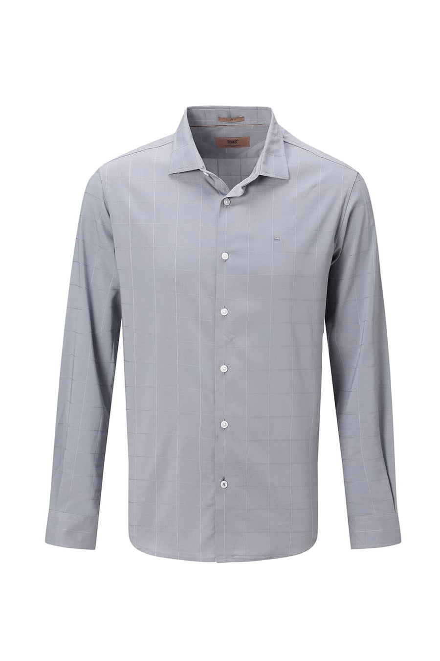 BASICS SLIM FIT BEIGE VISCOSE POLYESTER STRETCH SELF CHECKS SHIRT