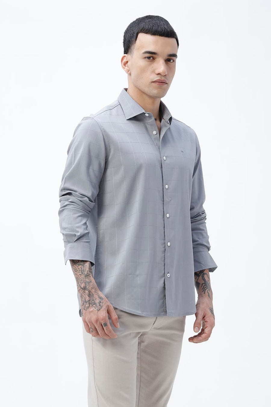 BASICS SLIM FIT BEIGE VISCOSE POLYESTER STRETCH SELF CHECKS SHIRT