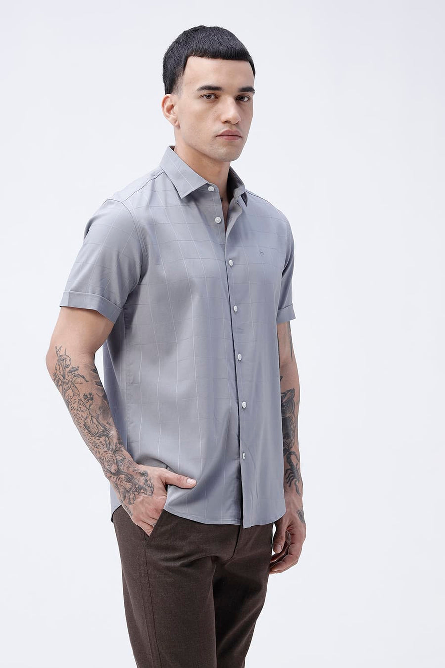 BASICS SLIM FIT BEIGE VISCOSE POLYESTER STRETCH SELF CHECKS HALFSLEEVES SHIRT