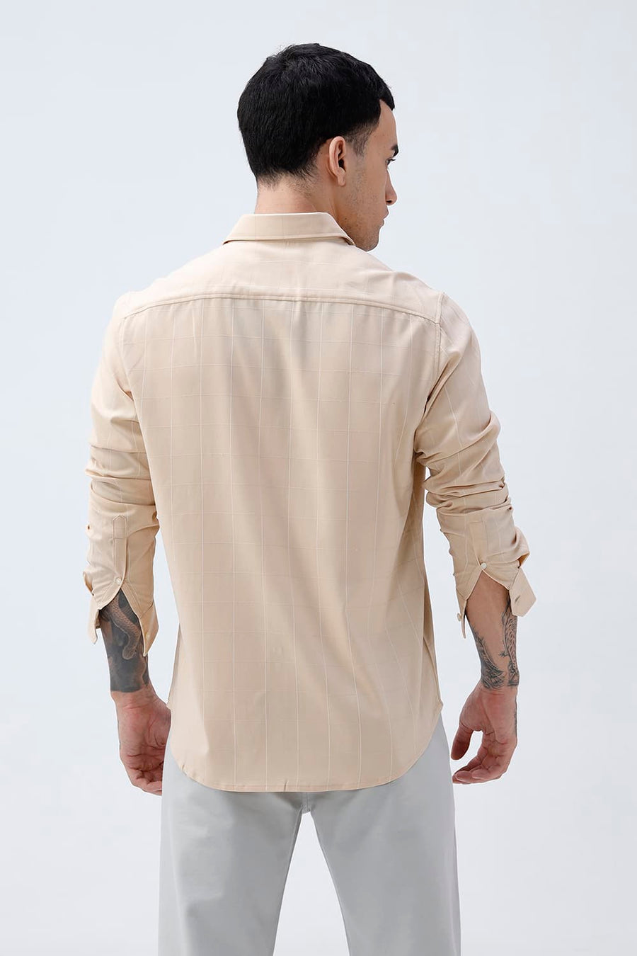 BASICS SLIM FIT NAVY VISCOSE POLYESTER STRETCH SELF CHECKS SHIRT