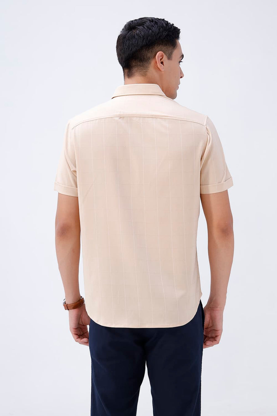 BASICS SLIM FIT NAVY VISCOSE POLYESTER STRETCH SELF CHECKS HALFSLEEVES SHIRT
