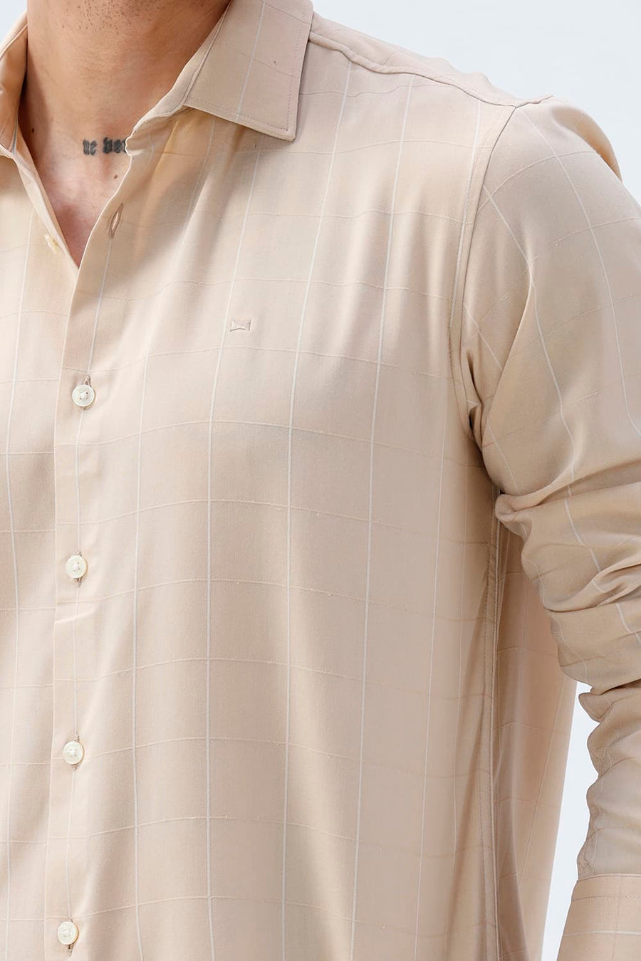 BASICS SLIM FIT NAVY VISCOSE POLYESTER STRETCH SELF CHECKS SHIRT