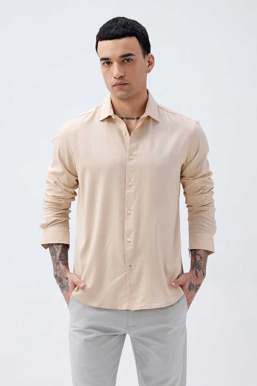 BASICS SLIM FIT NAVY VISCOSE POLYESTER STRETCH SELF CHECKS SHIRT
