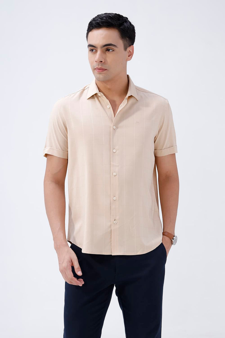 BASICS SLIM FIT NAVY VISCOSE POLYESTER STRETCH SELF CHECKS HALFSLEEVES SHIRT