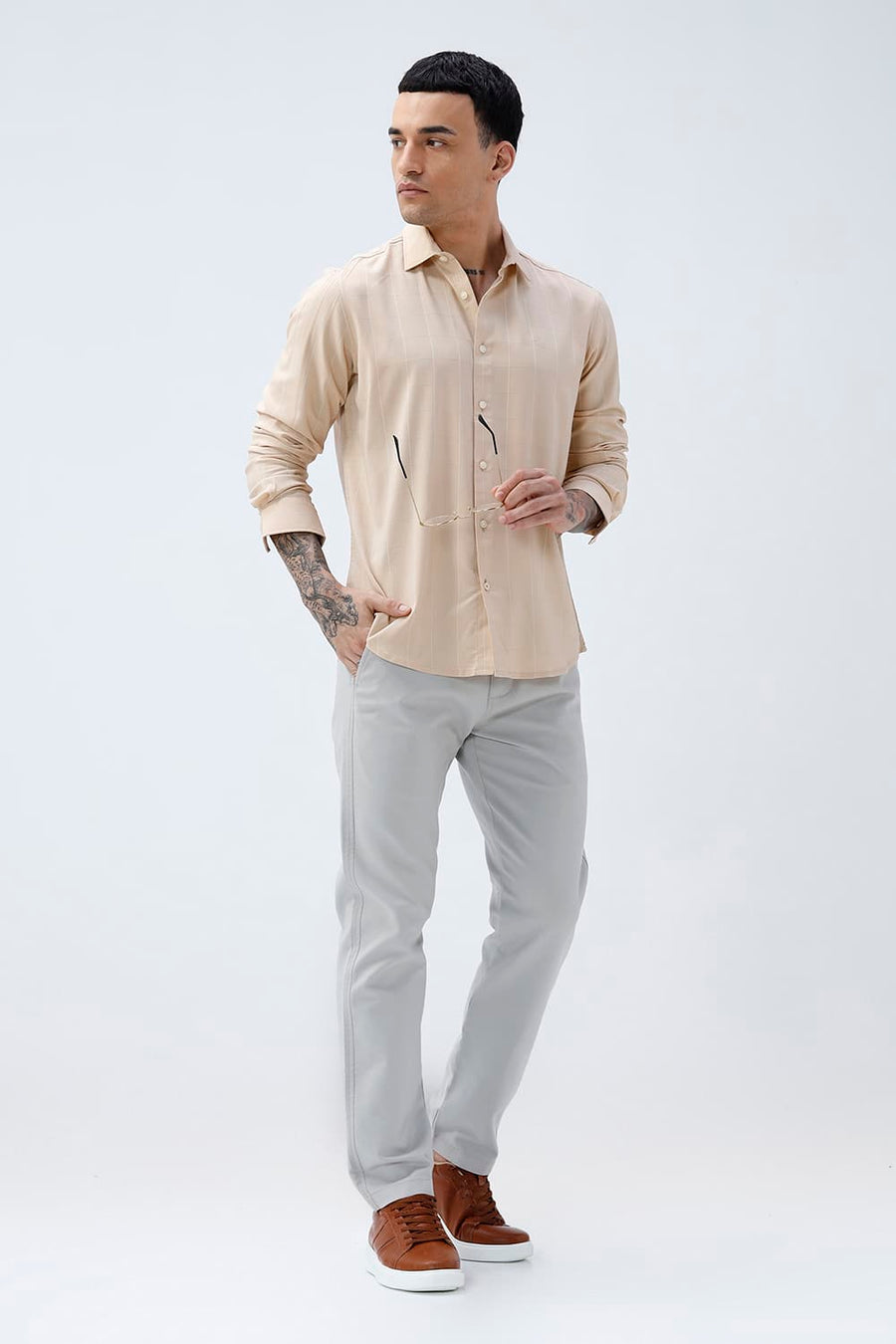 BASICS SLIM FIT NAVY VISCOSE POLYESTER STRETCH SELF CHECKS SHIRT