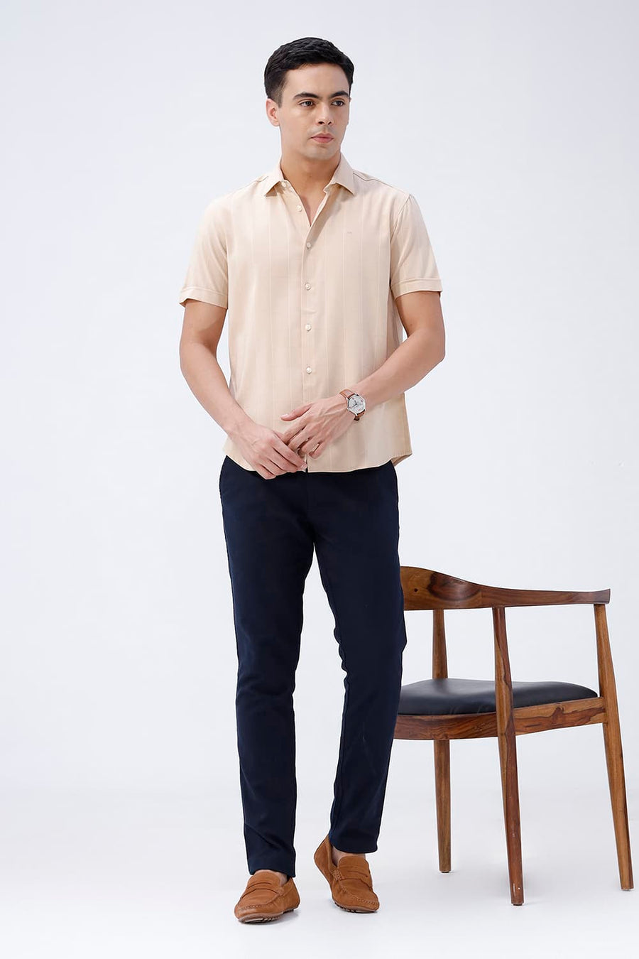 BASICS SLIM FIT NAVY VISCOSE POLYESTER STRETCH SELF CHECKS HALFSLEEVES SHIRT