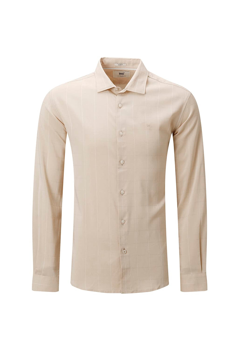BASICS SLIM FIT NAVY VISCOSE POLYESTER STRETCH SELF CHECKS SHIRT