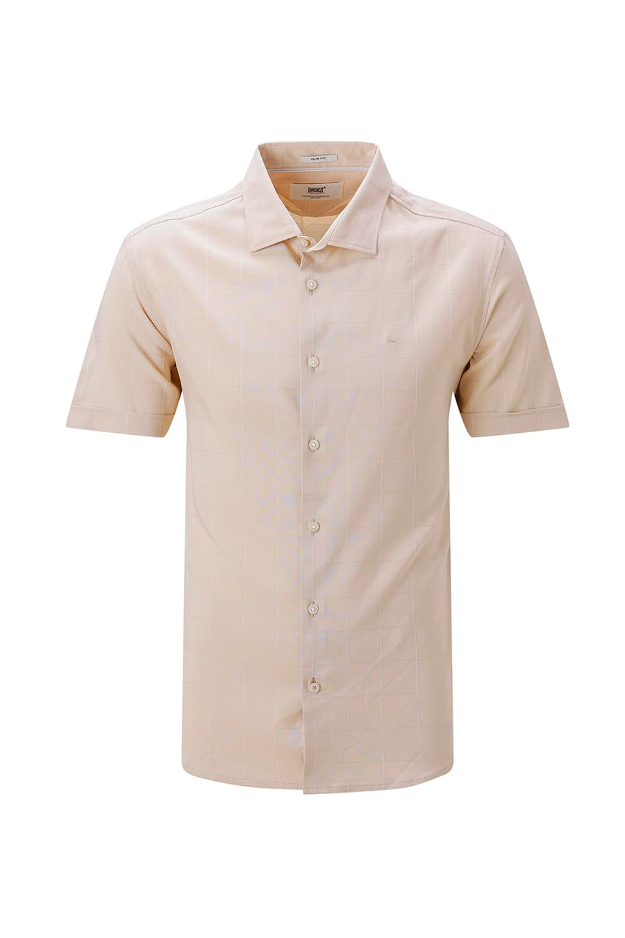 BASICS SLIM FIT NAVY VISCOSE POLYESTER STRETCH SELF CHECKS HALFSLEEVES SHIRT