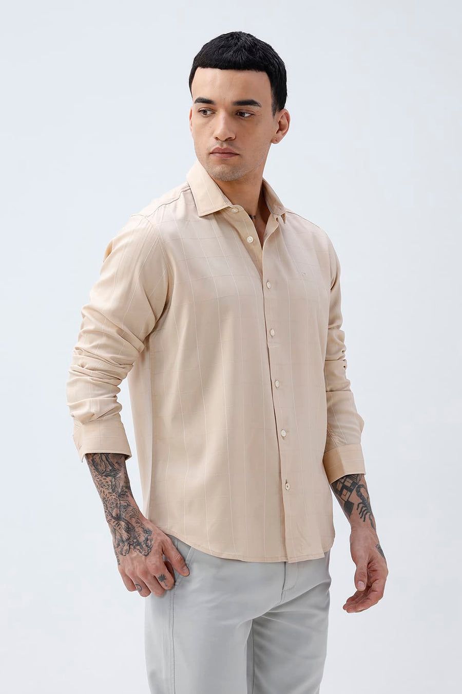BASICS SLIM FIT NAVY VISCOSE POLYESTER STRETCH SELF CHECKS SHIRT