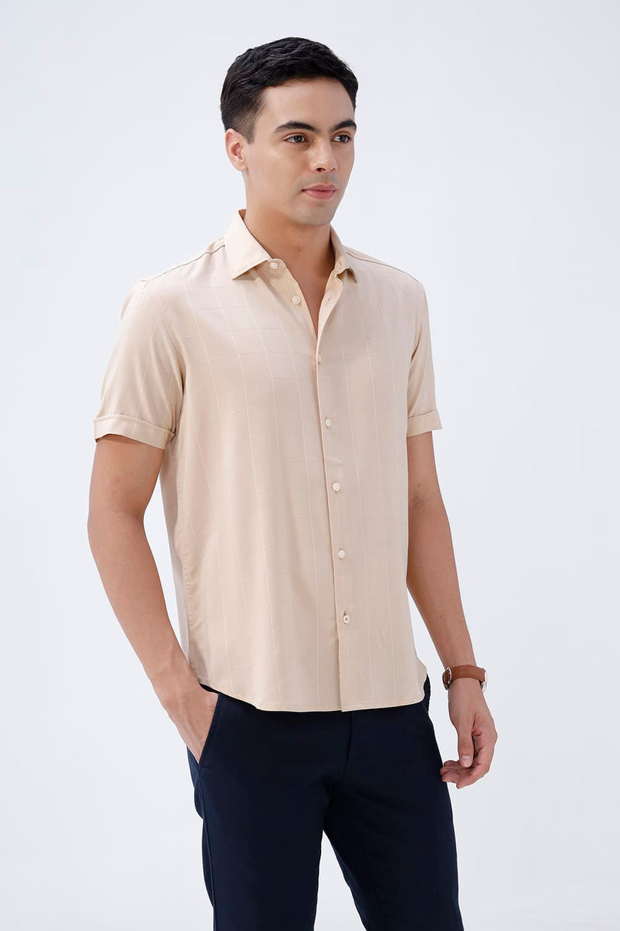 BASICS SLIM FIT NAVY VISCOSE POLYESTER STRETCH SELF CHECKS HALFSLEEVES SHIRT