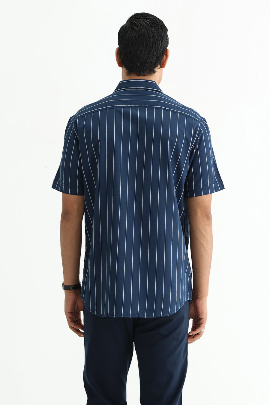 BASICS SLIM FIT BLACK COTTON TWILL STRIPE HALFSLEEVES SHIRT
