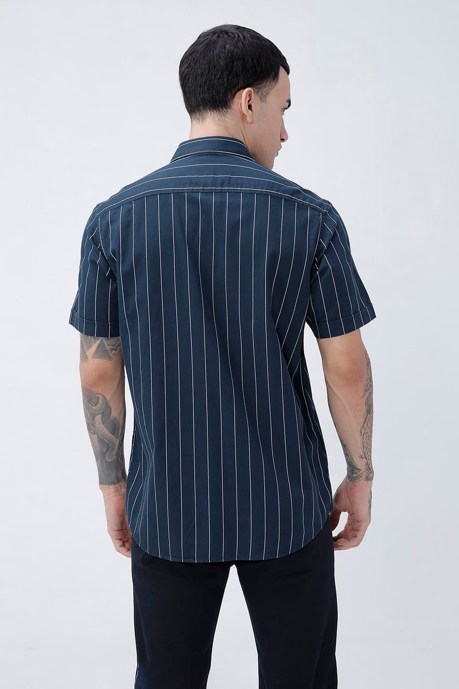 BASICS SLIM FIT BLACK COTTON TWILL STRIPE HALFSLEEVES SHIRT