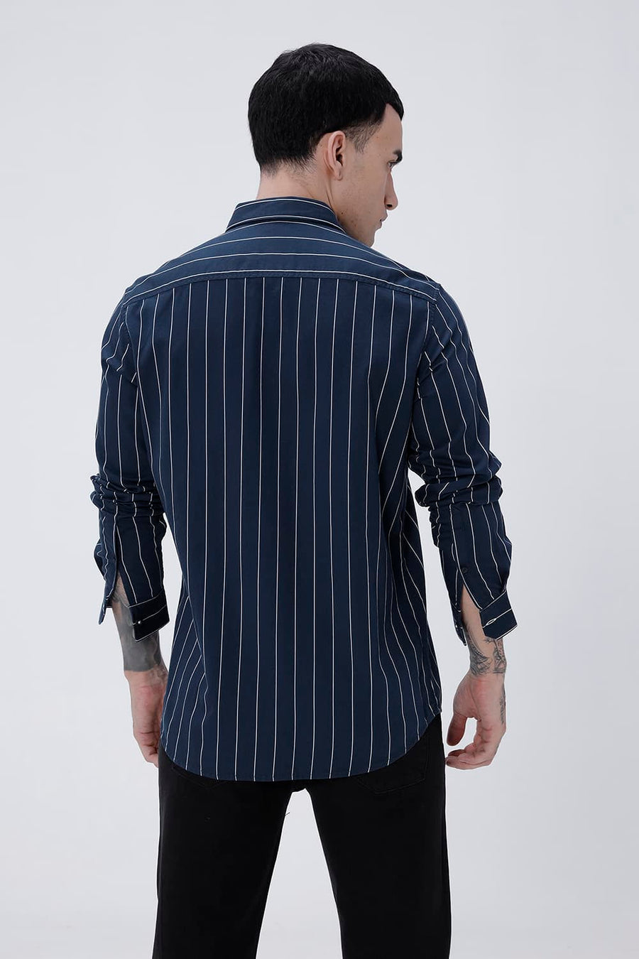 BASICS SLIM FIT BLACK COTTON TWILL STRIPE SHIRT