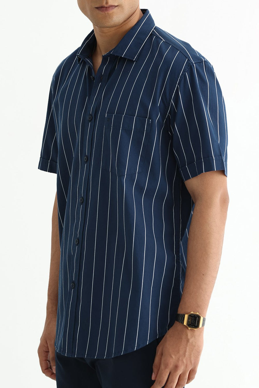 BASICS SLIM FIT BLACK COTTON TWILL STRIPE HALFSLEEVES SHIRT