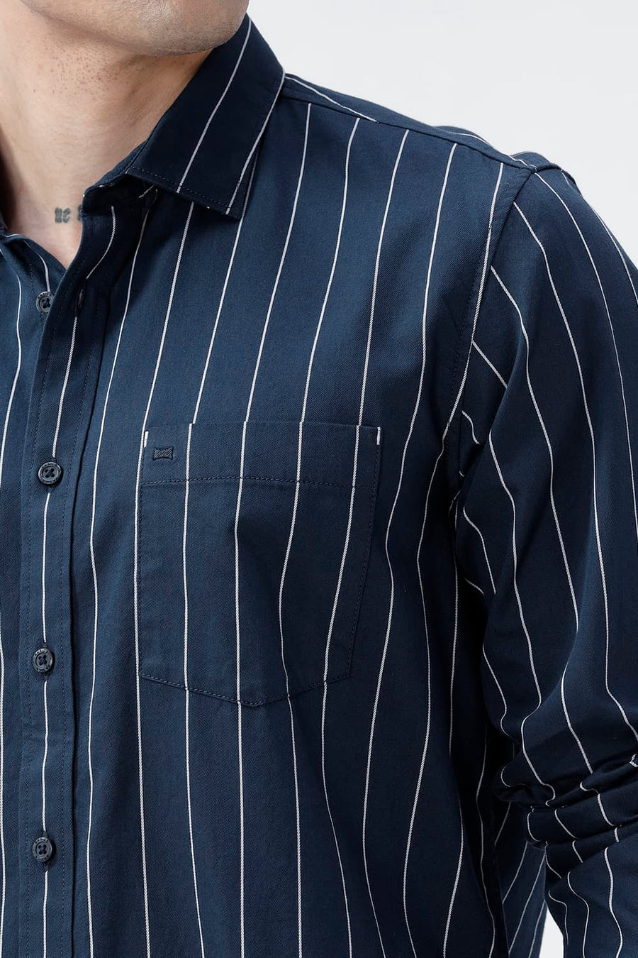 BASICS SLIM FIT BLACK COTTON TWILL STRIPE SHIRT