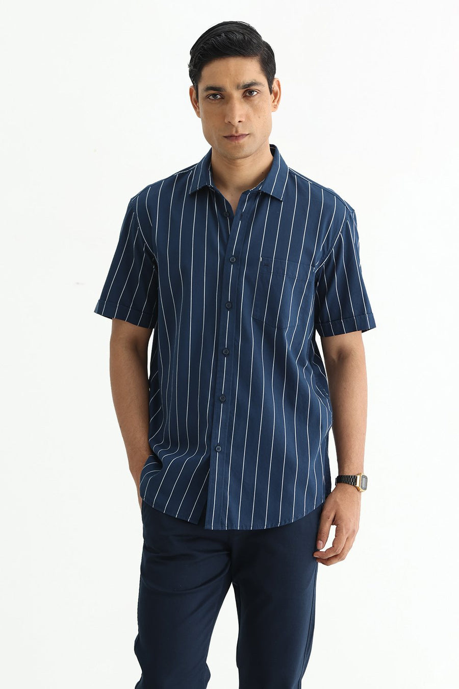 BASICS SLIM FIT BLACK COTTON TWILL STRIPE HALFSLEEVES SHIRT