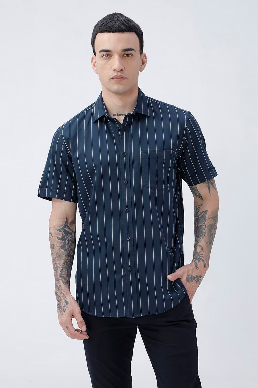 BASICS SLIM FIT BLACK COTTON TWILL STRIPE HALFSLEEVES SHIRT