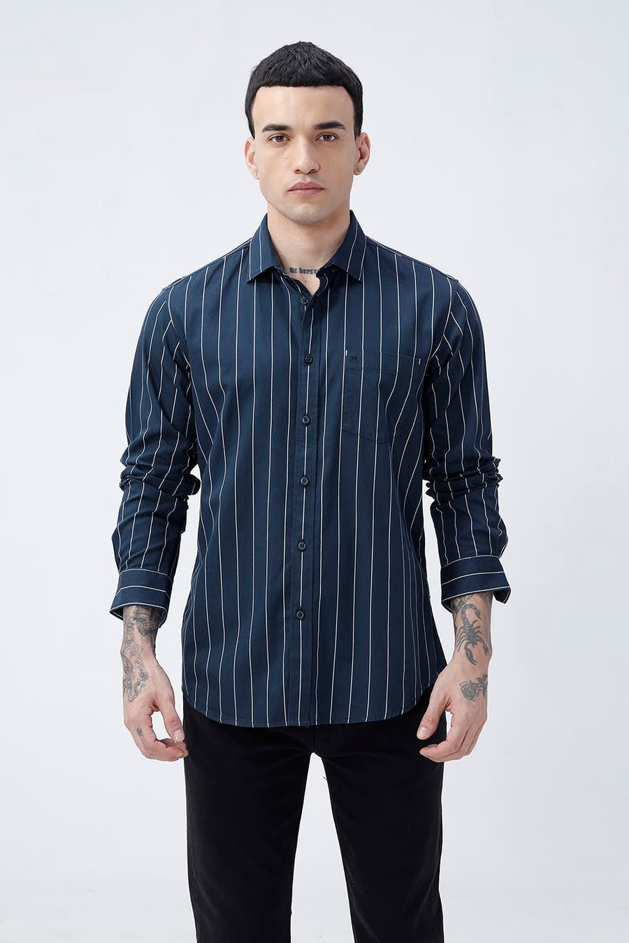 BASICS SLIM FIT BLACK COTTON TWILL STRIPE SHIRT