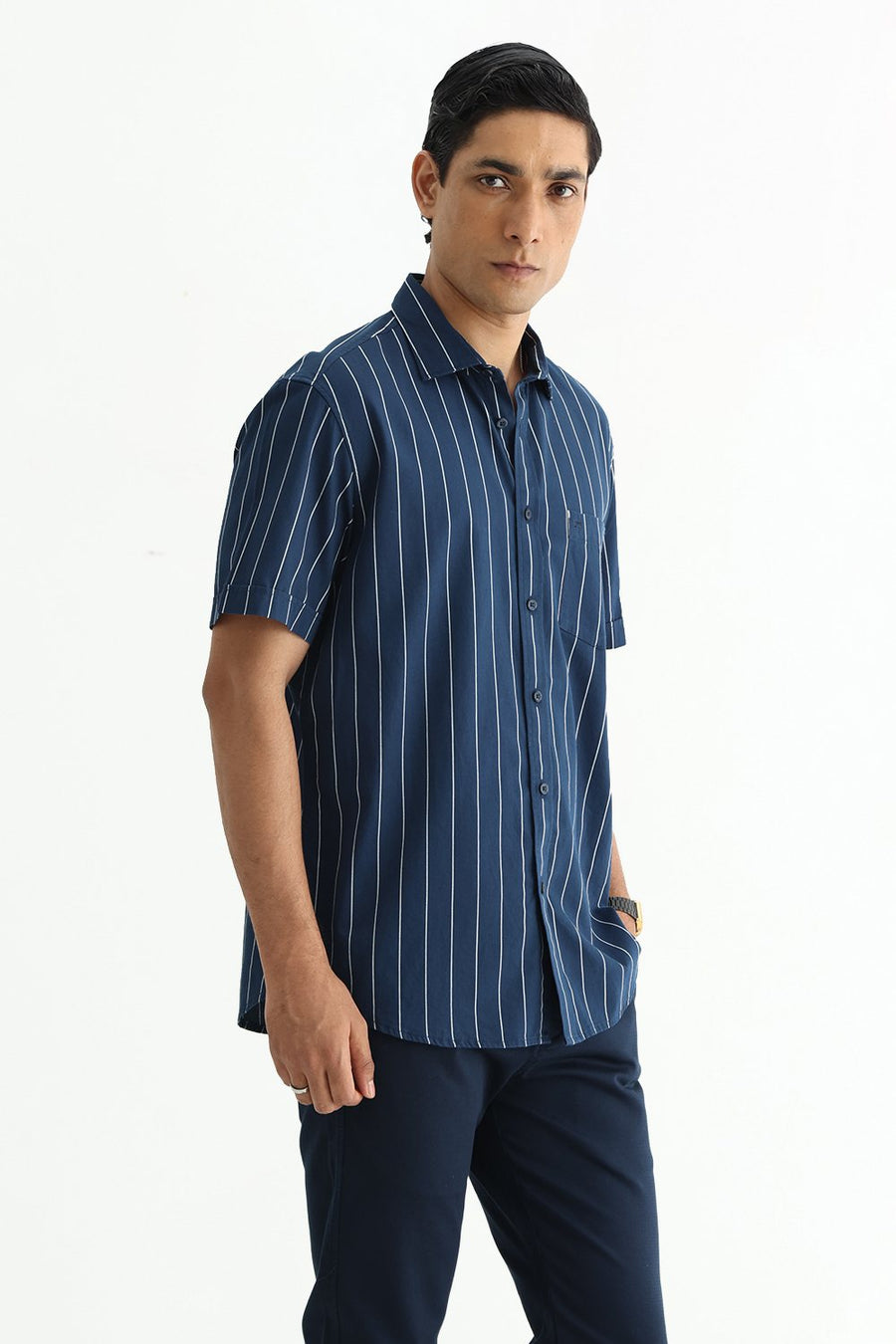 BASICS SLIM FIT BLACK COTTON TWILL STRIPE HALFSLEEVES SHIRT