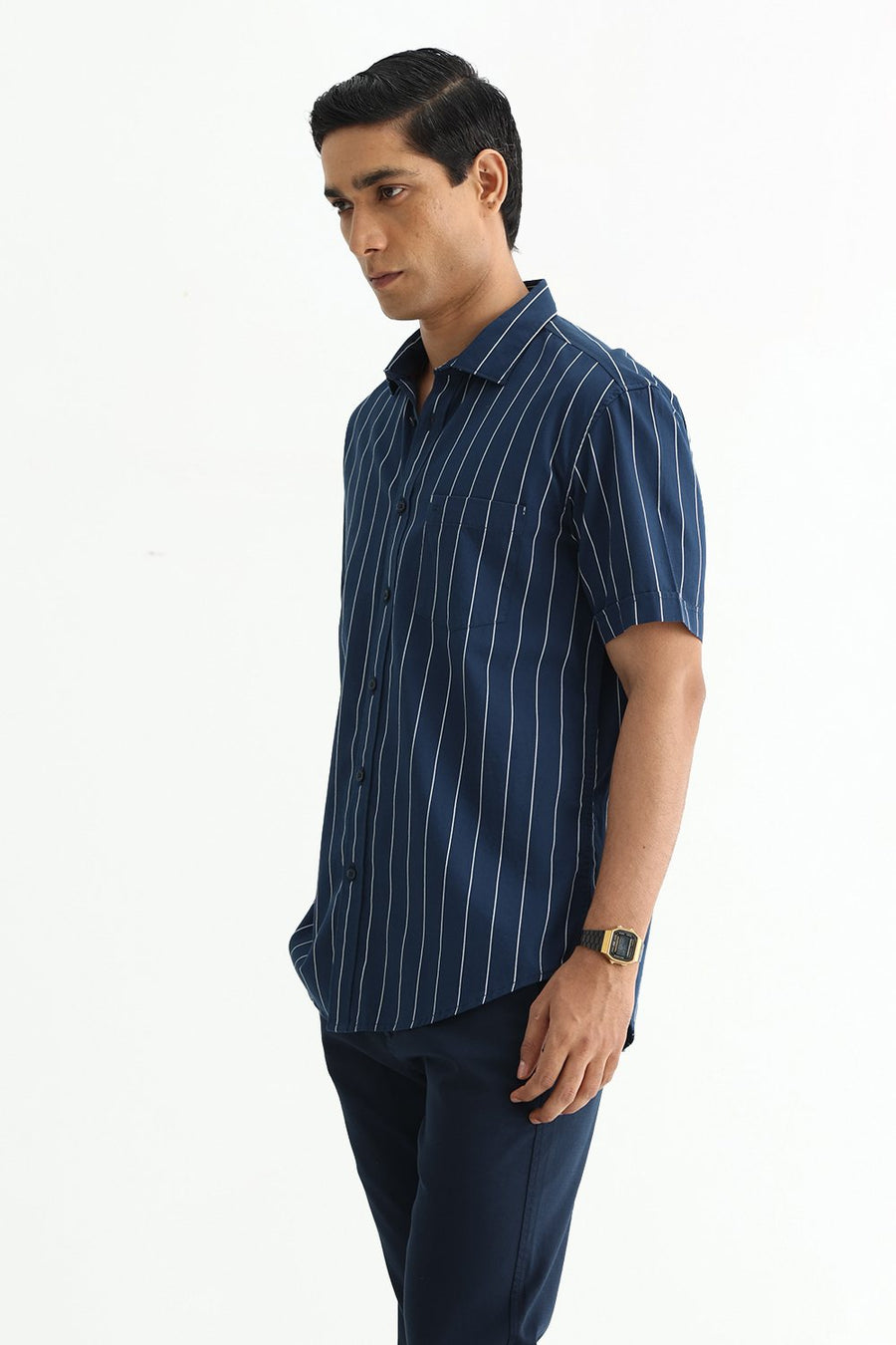 BASICS SLIM FIT BLACK COTTON TWILL STRIPE HALFSLEEVES SHIRT